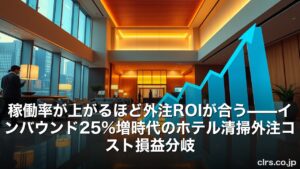 Hotel lobby background with a large blue upward-trending chart and bold Japanese headline about ROI and outsourced hotel cleaning costs (clrs.co.jp).